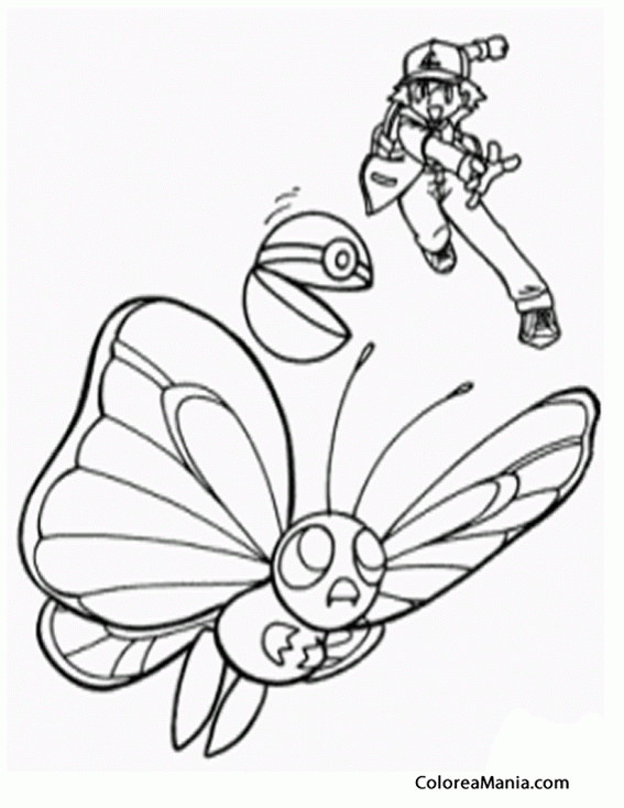 Colorear La poké ball de Ash y la mariposa (Pokemon), dibujo para